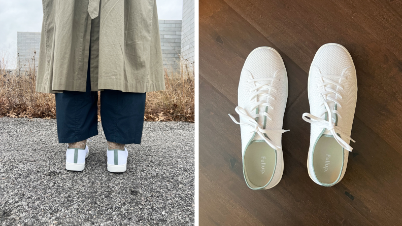 A person standing outside wearing FullUp shoes and FullUp Infinity Cloud sneakers.