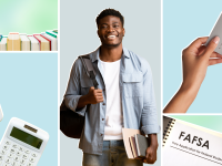 Collage of textbooks, calculators, a student standing with backpack and books in hand, a hand holding a plastic credit card, and a FAFSA form.