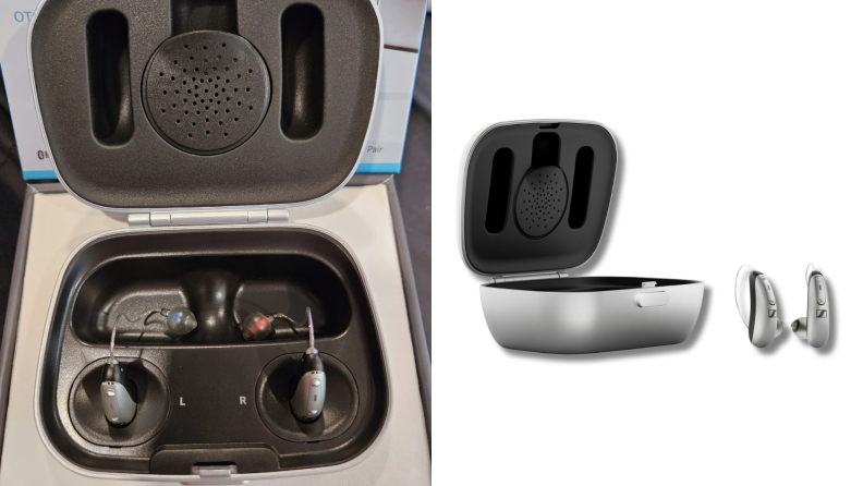 A side by side image of the Sennheiser All-Day Clear hearing aid case with the hearing aids inserted