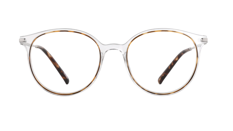 An image of a pair of clear plastic glasses with a tortoiseshell border set into the interior lens rim.