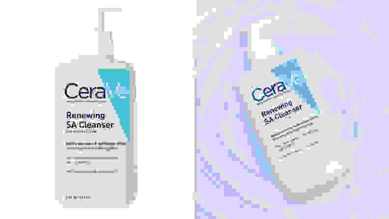 On the left: The Cerave Salicylic Acid Cleanser, which is in a clear, pump bottle, stands against a white background. On the right: The CeraVe Salicylic Acid Cleanser bottle floats in a shallow pool of light blue water.