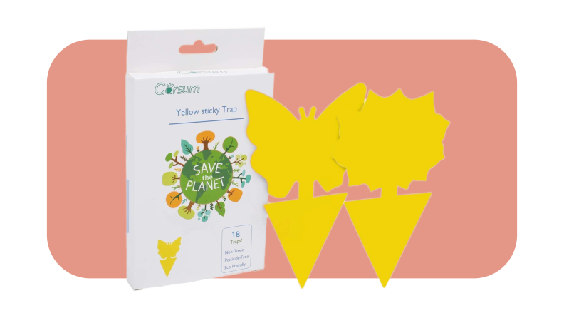 Product shot of the yellow butterfly-shaped and flower-shaped Garsum Sticky Pest Traps.