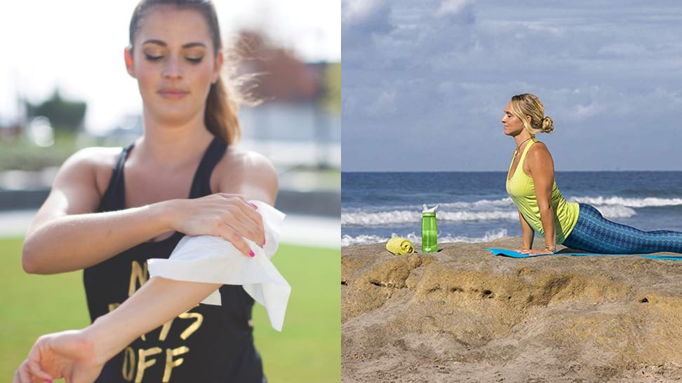 A picture of good wipes cleaning wipes and a woman practicing yoga