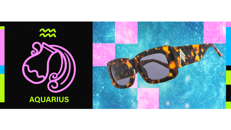 On the left is the symbol for Aquarius, and on the right is a pair of tortoiseshell sunglasses.
