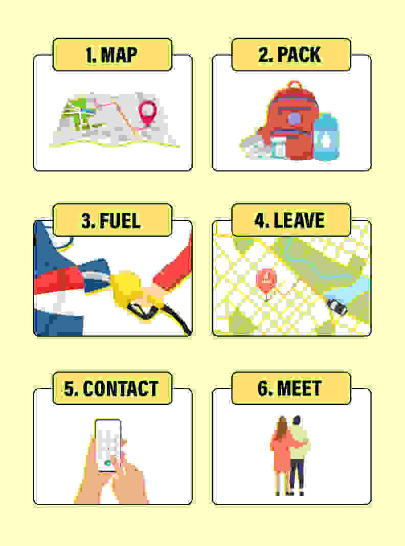 Multi-colored infographic that displays a map for navigation, an emergency preparedness bag, a person fueling up their car for escape, an escape route, a person using a smart phone to contact help, and two people embracing.