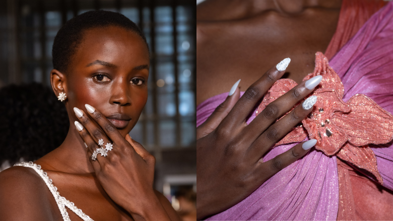 Collage of a woman and a hand showing off a manicure.