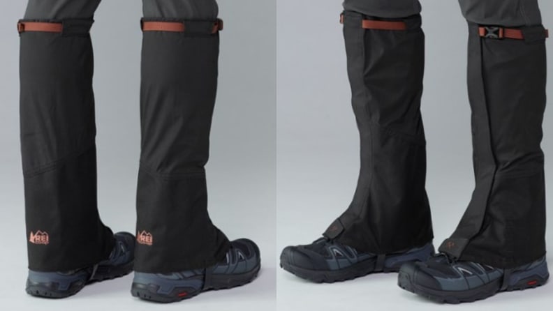 A split image offers front and back views of gaiters wrapped around a model's lower legs. These are meant to keep snow and other debris from getting into the boots.