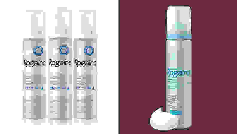 On the left: Three bottles of men's Rogaine hair growth. On the right: A bottle of women's Rogaine with a dollop of the product next to the bottle.