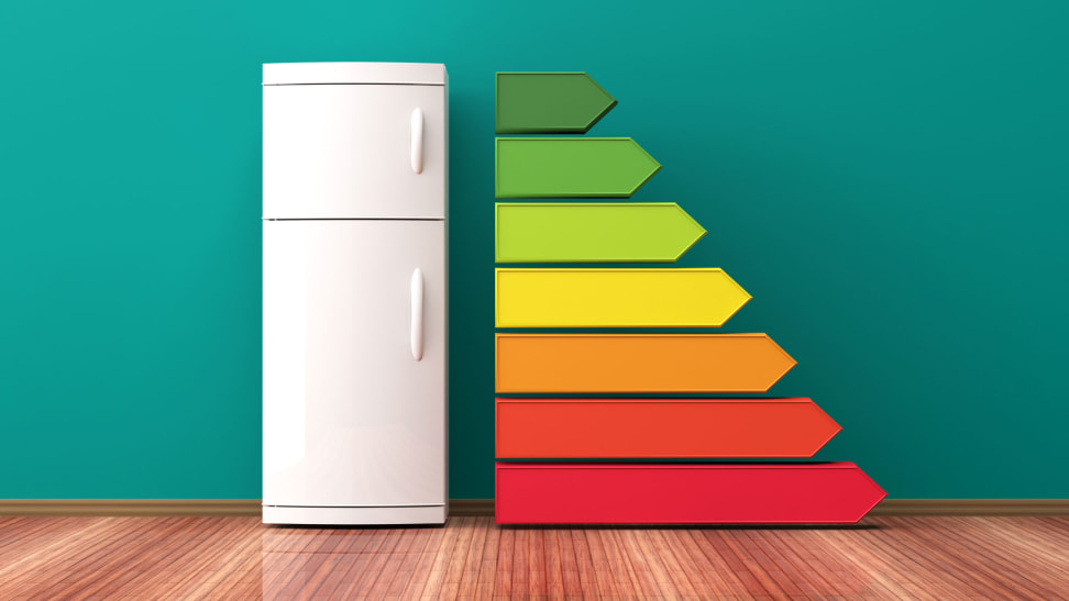 A top-freezer fridge stands next to a series of stacked lines along its right side. The lines have arrow-shaped ends pointing to the right, and are stacked with the greenest and smallest arrow on top, and the longest, reddest arrow at the bottom.