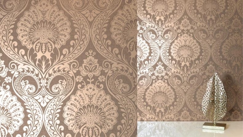 Two shots of brown and rose gold patterned wallpaper.
