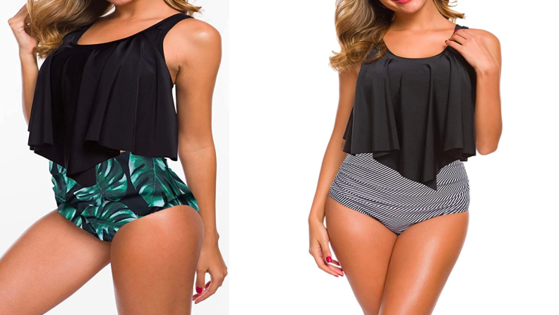 Two images of the same swimsuit. The first is in black and a leaf print, and the top flows down to hang above the high waisted bottom. The second is the same fit, with a different floral pattern on the bottoms.