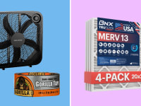 A box fan, roll of duct tape, and pack of air filters on a blue and purple background
