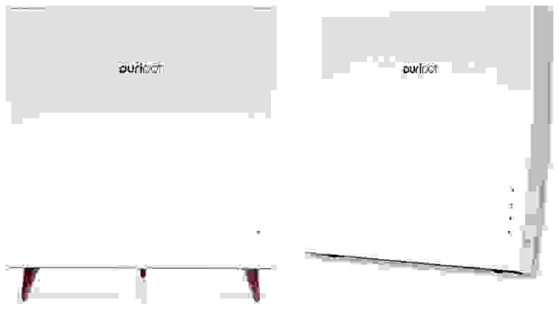 一张Puripot机身空气净化器的照片，显示的是站在可拆卸的木腿上，安装在墙上。