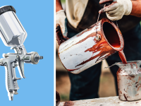 Image of a spray painter next to an image of a person pouring paint into a can.