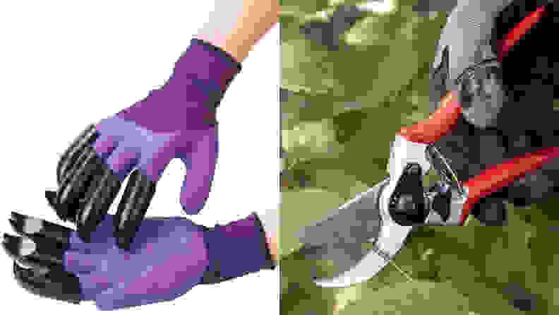 A pair of Garden Genie gloves and Felco 2 pruning sheers in use, among the best gifts for stepmoms