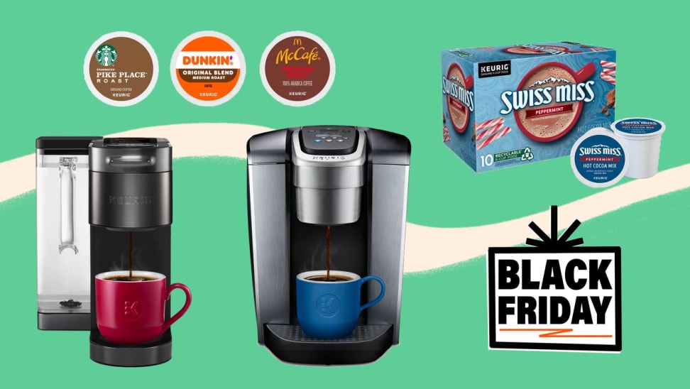 Keurig coffee makers and K-Cups against a green background.