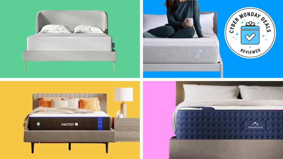 Four mattresses in a grid against a colorful backdrop