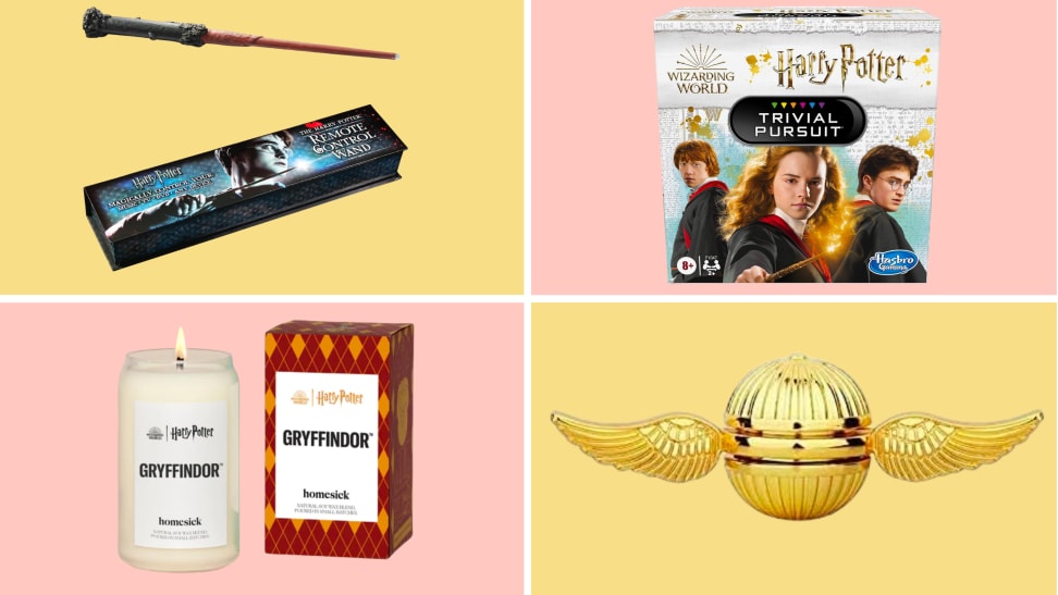 A selection of the best Harry Potter including a themed wand, a Harry Potter Trivial Pursuit game, a homesick scented candle and a golden snitch fidget spinner on a yellow and pink background.