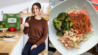 Left: Emily Mariko taking a bite of food with a fork, next to a Green Chef box. Right: bowl of rice, salmon, and veggies