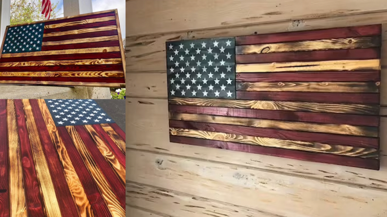 A wooden flag leaning against a porch in the upper left, on the floor in the bottom right, and hanging on the wall at the right.