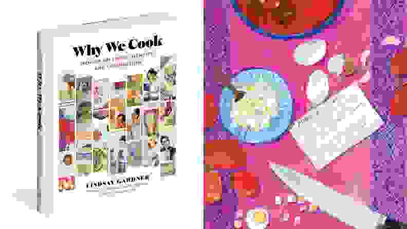 Left: A photo of the cookbook, Why We Cook. Right: An illustration of ingredients being prepped for cooking.