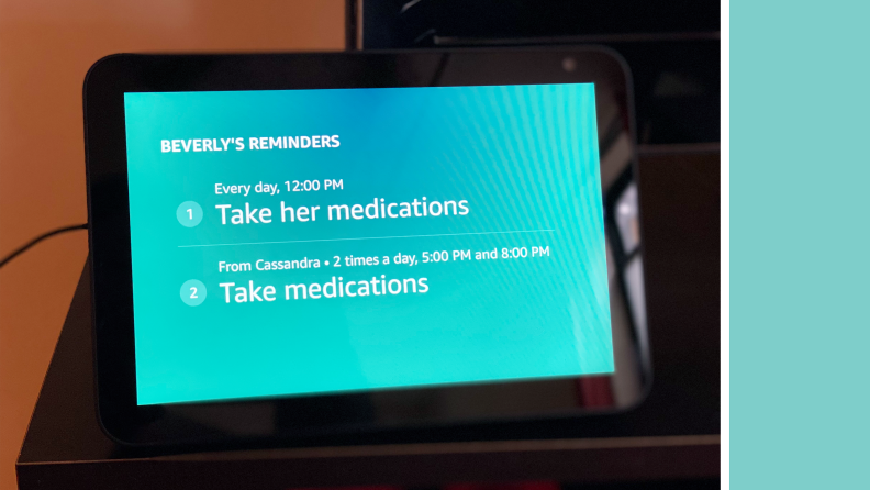 The Echo Show with medication reminders on the screen.
