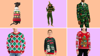 Six examples of ugly Christmas sweaters, including one men's sweater, one women's sweater, one men's T-shirt, one men's suit, a baby option, and an option for dogs.