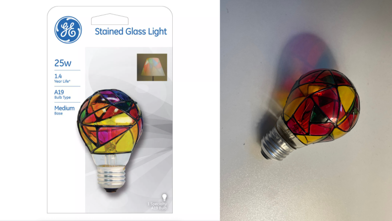 A stained glass bulb in GE packaging and sitting on a counter