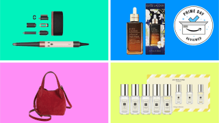 Dyson airwrap, jo malone, red suede madewell bag, and Estée Lauder serum