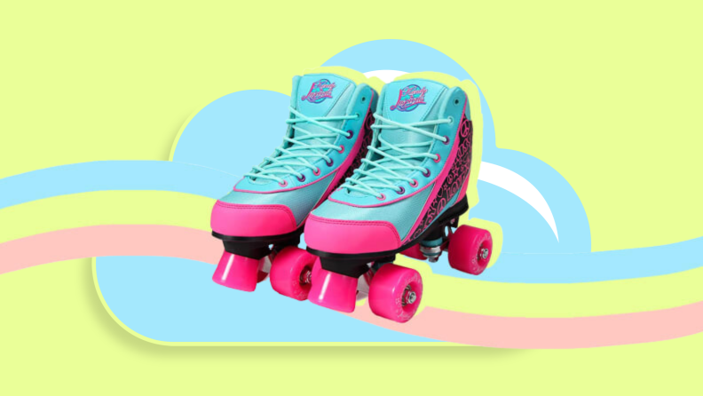 A pair of blue and pink roller skates on a rainbow.
