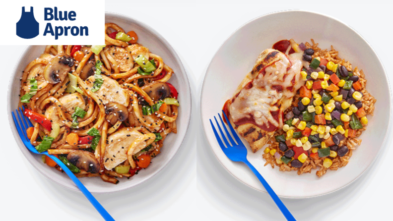 Left: plated noodles, veggies, and chicken. Right: chicken parm with rice and veggie side