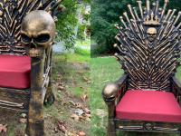 Three different angles of the Bone Throne chair outdoors.