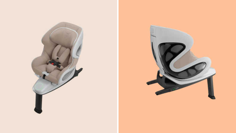 Split image of two angled shots of the Babyark Convertible Car Seat.