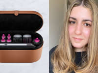 On the left: The Dyson Airwrap Styler attachments sitting inside a brown leather carrying case. On the right: The author smiling at the camera with a straight hairstyle that curls at then ends.