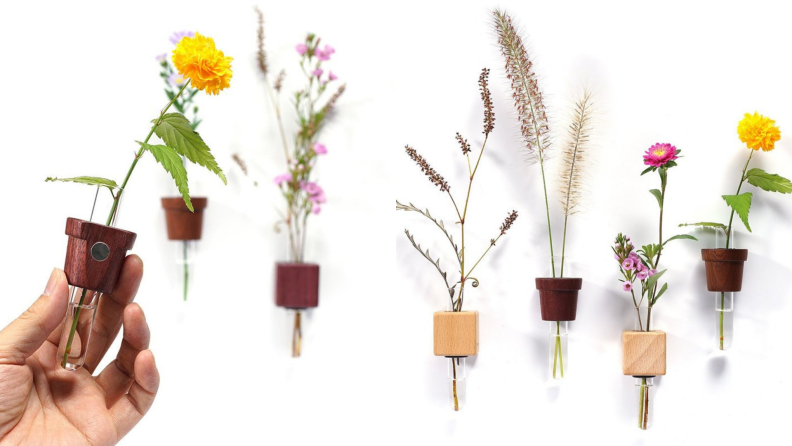 On left hand holding mini bud vase and diffuser. On right, assorted mini bud vases and diffusers.