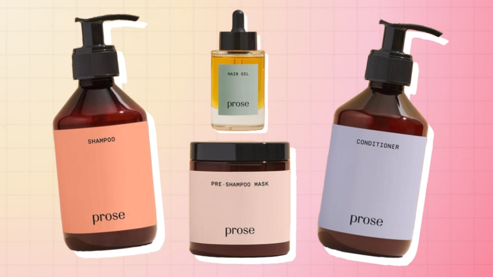 Shampoo, conditioner, a pre-shampoo mask, and hair oil from Prose against an orange and