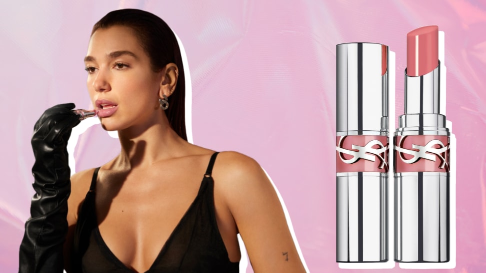 Collage of Dua Lipa applying YSL Beauty's Loveshine Lip Oil next to a tube of the Loveshine Lip Oil.