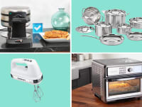 The Cuisinart waffle maker, stainless steel cookware set, white hand mixer and stainless steal air fryer toaster oven..