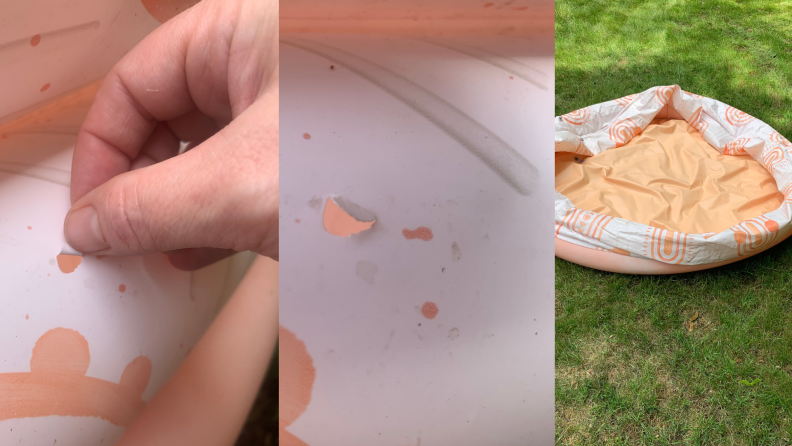 On left, fingers pulling on small tear in pink and white Minnidip inflatable pool. In middle, small holes in Minnidip pool. On right, empty deflated pool on lawn.