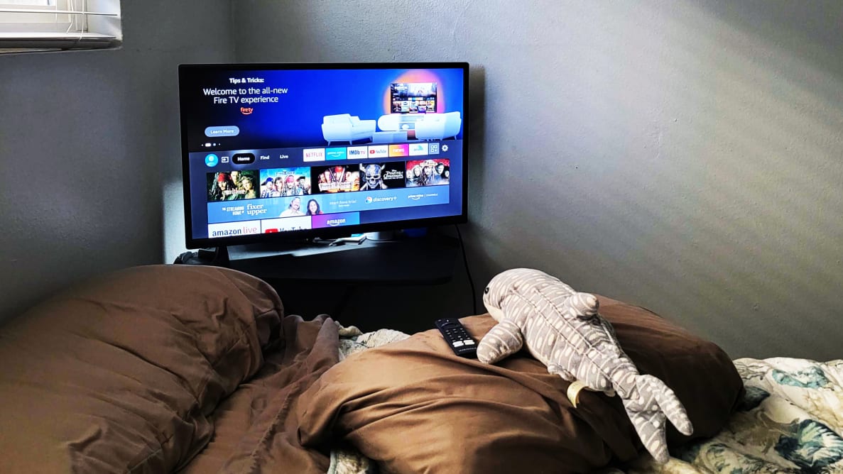 The Insignia Fire TV displaying streaming content while a stuffed whale shark watches