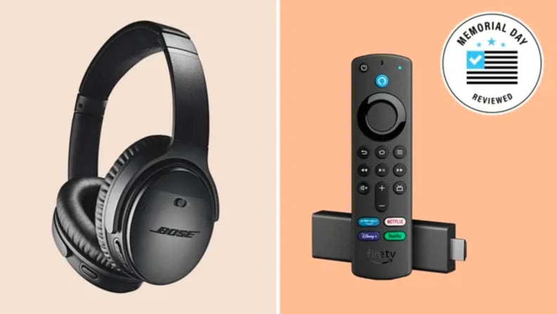 A pair of Bose headphones shown next too a Fire TV streaming stick.