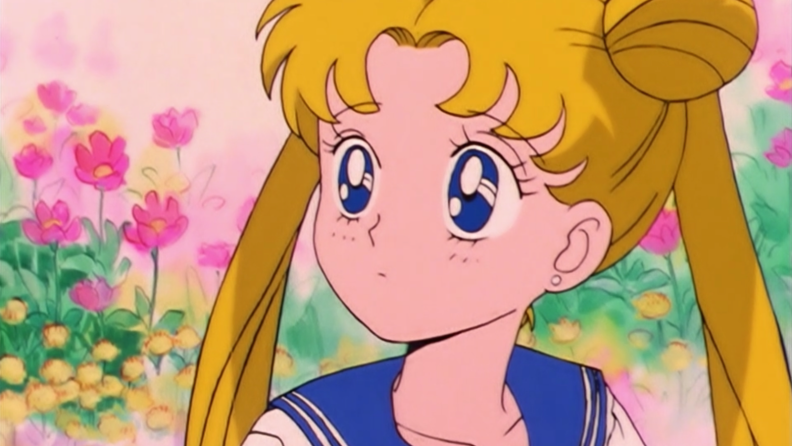 A still from the show Sailor Moon that features Sailor Moon sitting in front of flowers.