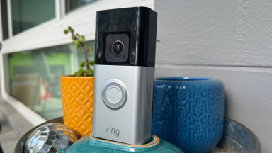 The Ring Battery Doorbell Pro sits outside next to plants and a disco ball