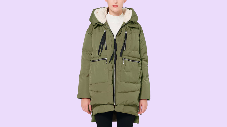 green orolay jacket with fur lining