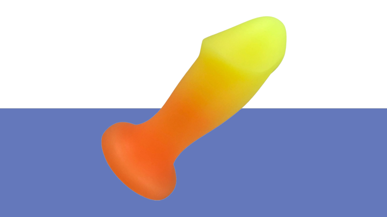 Product shot of the Hole Punch Toys Silicone Dildo Butt Plug in neon orange and yellow color.