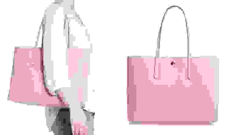 On left, wearing pink Kate Spade Large Molly leather purse on her shoulder. On right, product shot of the Kate Spade Large Molly leather purse.