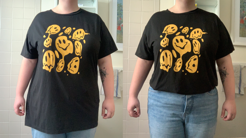 Photo collage of a person wearing a black and yellow tucked and untucked graphic t-shirt with jeans.