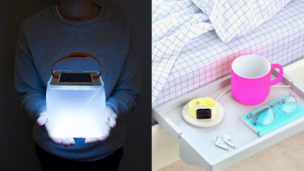 Right: man holding lantern, right: shelf attached to edge of bed