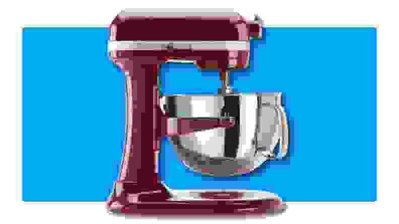 KitchenAid stand mixer on blue background