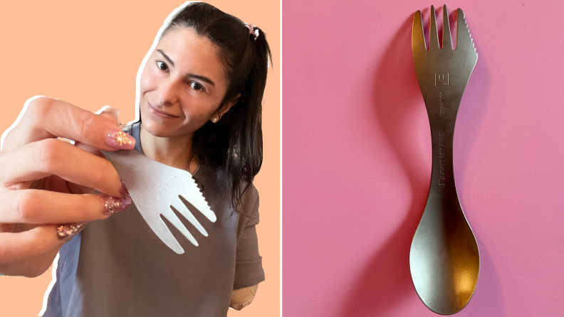 On left, one-armed person smiling while displaying the Light My Fire Titanium Camping Spork. On right, singular Light My Fire Titanium Camping Spork.